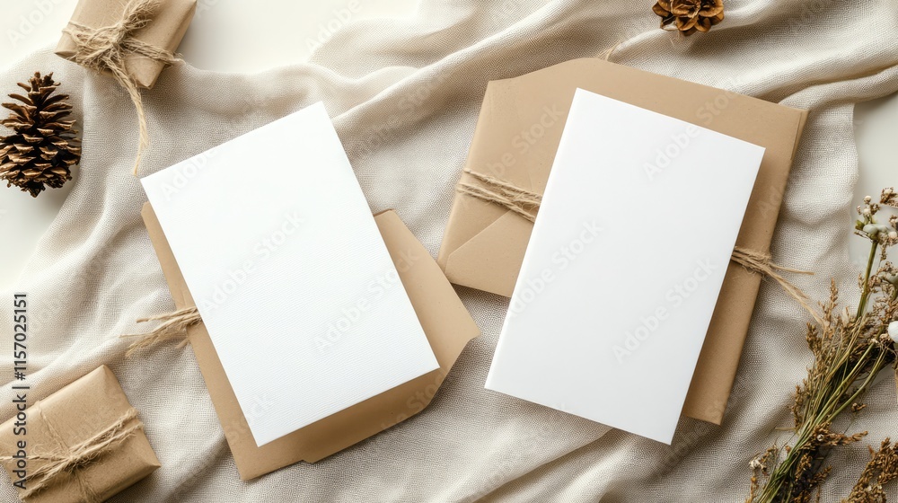 Elegant blank invitation cards mockup styled with natural decor on a soft fabric background perfect for wedding or event design presentations. Elegant blank invitation cards mockup styled with natural decor on a soft fabric background perfect for wedding or event design presentations.