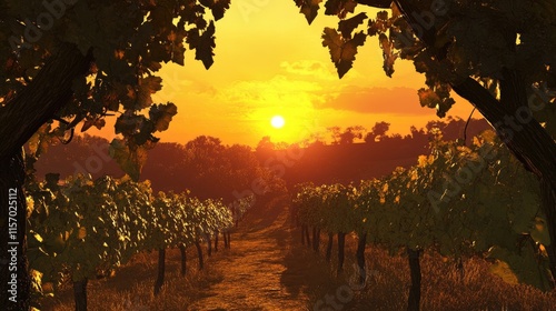 Sunrise over Vineyard Rows with Golden Sunlight Illuminating Lush Grapevines and Tranquil Landscape photo