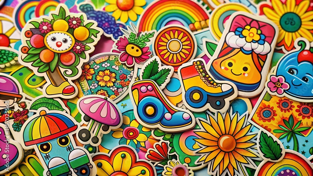Fototapeta premium Retro 70s Hippie Stickers: Psychedelic Groovy Mushrooms, Rainbow, Sun & Flowers