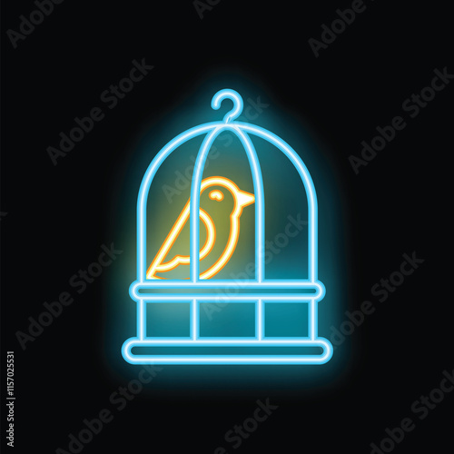 Bright neon icon of a small yellow bird sitting inside a blue cage