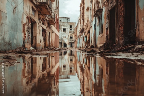 An eroded and abandoned urban street of decaying architecture is mirrored in murky rainwater, offering a glimpse into forgotten history and the passage of time. photo