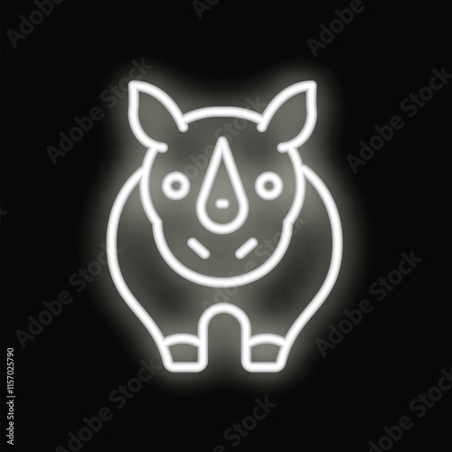 Glowing white neon icon of a rhino standing still on a black background