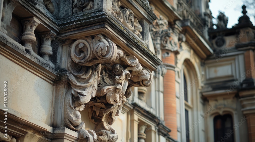 Intricate architectural details of historic building exterior showcasing ornate carvings and craftsmanship in warm afternoon light. Intricate architectural details of historic building exterior showcasing ornate carvings and craftsmanship in warm afternoon light.