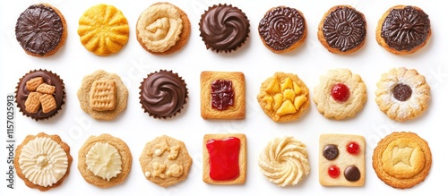 Assorted Christmas cookies beautifully arranged on a white background showcasing various shapes and toppings for festive holiday celebrations.