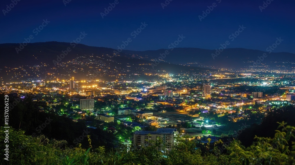 Nighttime Cityscape Illuminated by Vibrant Lights and Stars Nighttime Cityscape Illuminated by Vibrant Lights and Stars
