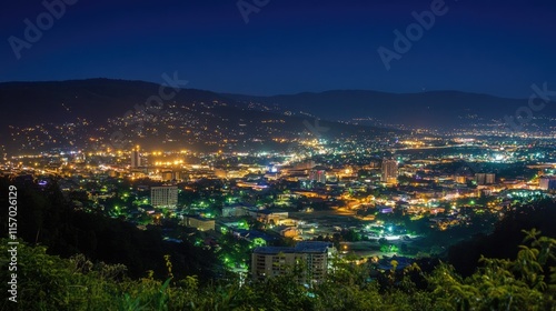 Nighttime Cityscape Illuminated by Vibrant Lights and Stars