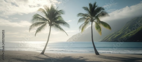Fototapeta Naklejka Na Ścianę i Meble -  Serene beach landscape featuring two palm trees silhouetted against a tranquil ocean and misty mountains in the background