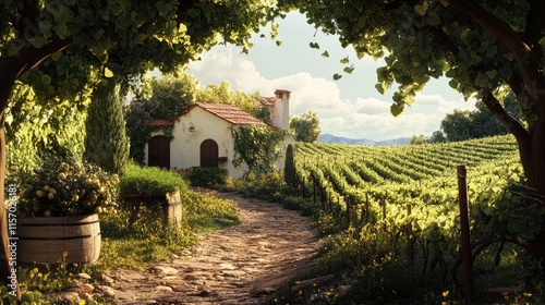 Charming vineyard scene with a rustic house surrounded by lush grapevines under a bright sky framed by tree branches. photo