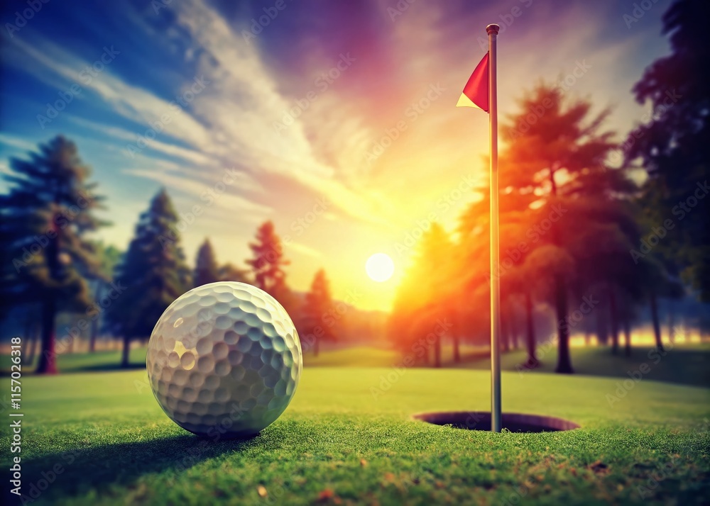 Obraz premium Retro Golf Course Illustration: Bokeh Golf Ball, Flag, and Tree