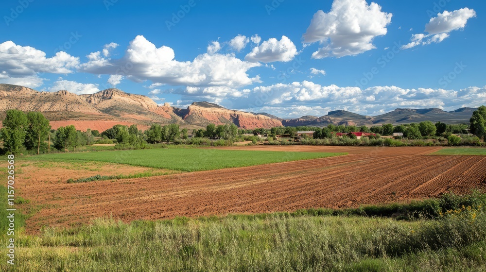 Scenic rural landscape with vibrant fields and dramatic mountains under a blue sky with clouds in southwestern province region Scenic rural landscape with vibrant fields and dramatic mountains under a blue sky with clouds in southwestern province region