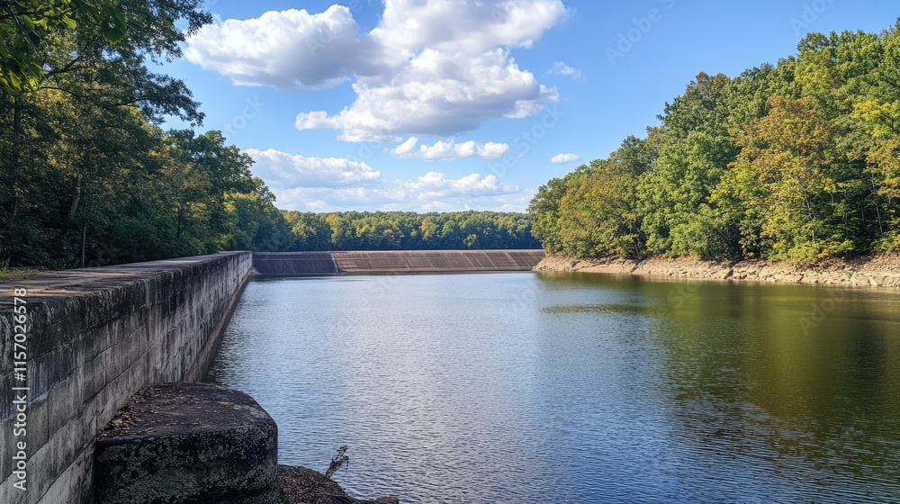 Scenic reservoir view with calm waters and lush trees reflecting in the lake under a bright blue sky with fluffy clouds Scenic reservoir view with calm waters and lush trees reflecting in the lake under a bright blue sky with fluffy clouds