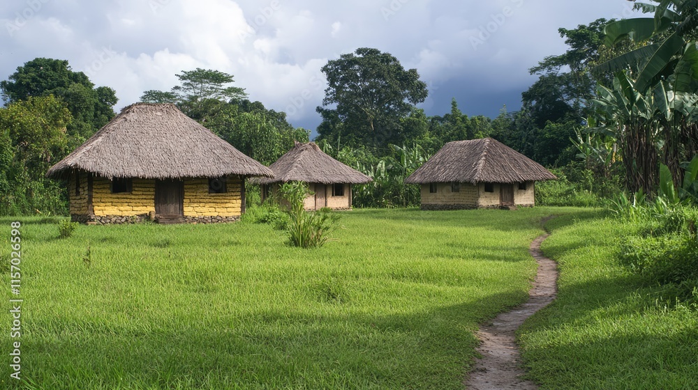Traditional grass-roofed houses in a lush green landscape showcasing rural architecture and natural surroundings. Traditional grass-roofed houses in a lush green landscape showcasing rural architecture and natural surroundings.
