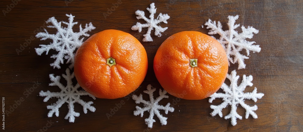 Fototapeta premium Ripe tangerines on artificial snowflakes against a dark wooden table creating a vibrant winter still life composition