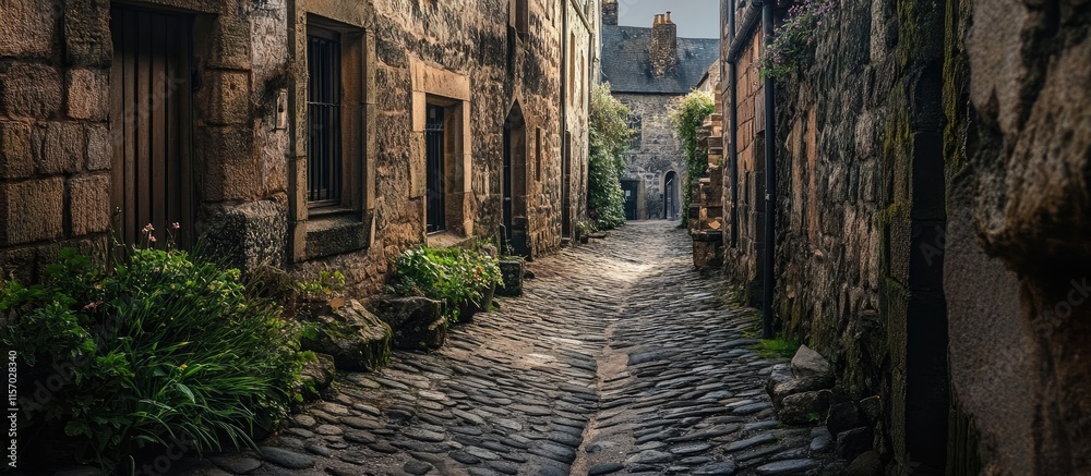 Medieval town cobbled alleyway with lush greenery and historic stone buildings inviting exploration and charm Medieval town cobbled alleyway with lush greenery and historic stone buildings inviting exploration and charm
