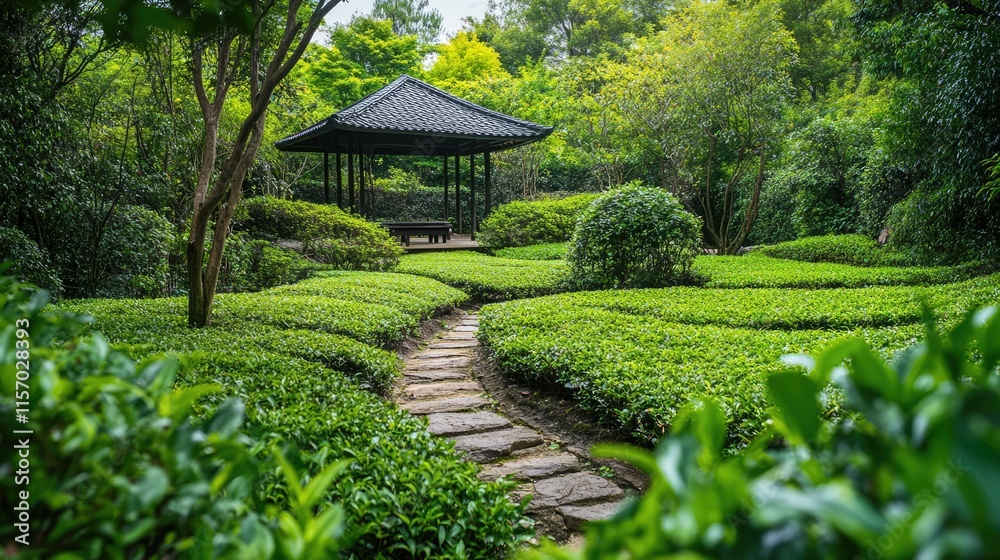 Serene tea garden landscape with lush green foliage and tranquil walking path under a decorative pavilion in a peaceful natural setting