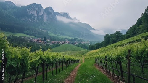 Vineyards with hail protection overlooking lush green mountains and a cloudy sky in a serene agricultural landscape photo