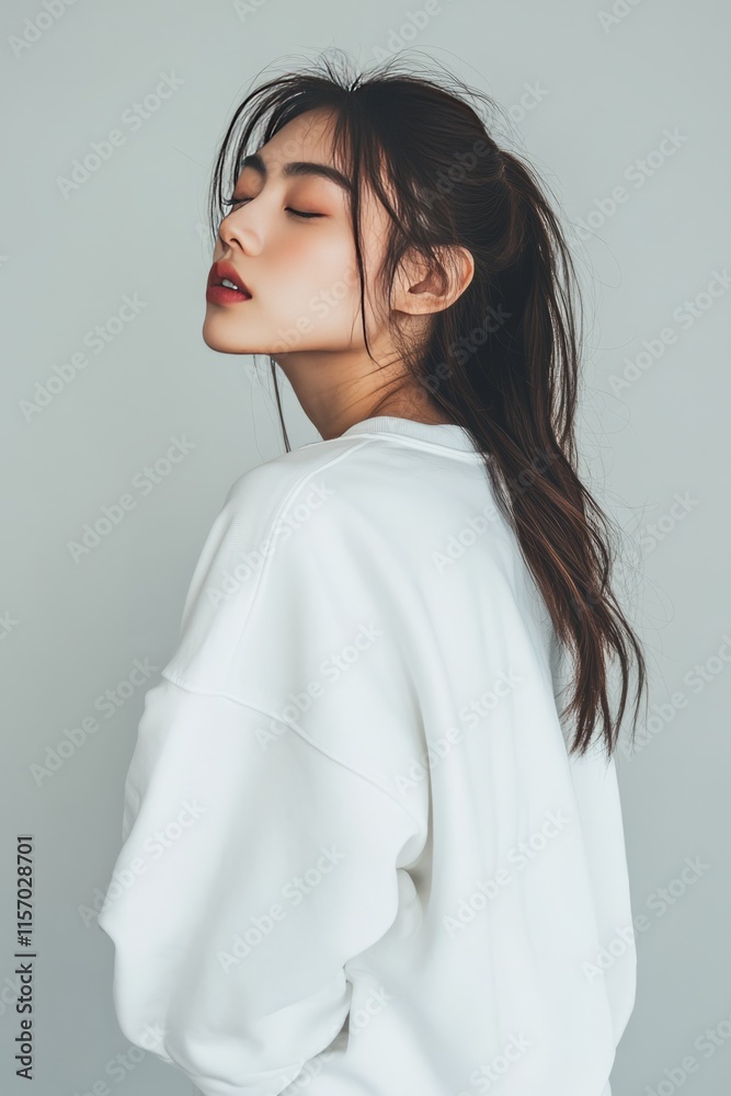 Asian model who displays simplicity by wearing an oversized sweater Asian model who displays simplicity by wearing an oversized sweater