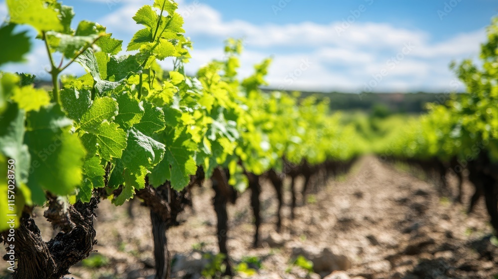 Vibrant vineyard scene featuring lush green vines and leaves under a clear blue sky on a sunny day Vibrant vineyard scene featuring lush green vines and leaves under a clear blue sky on a sunny day