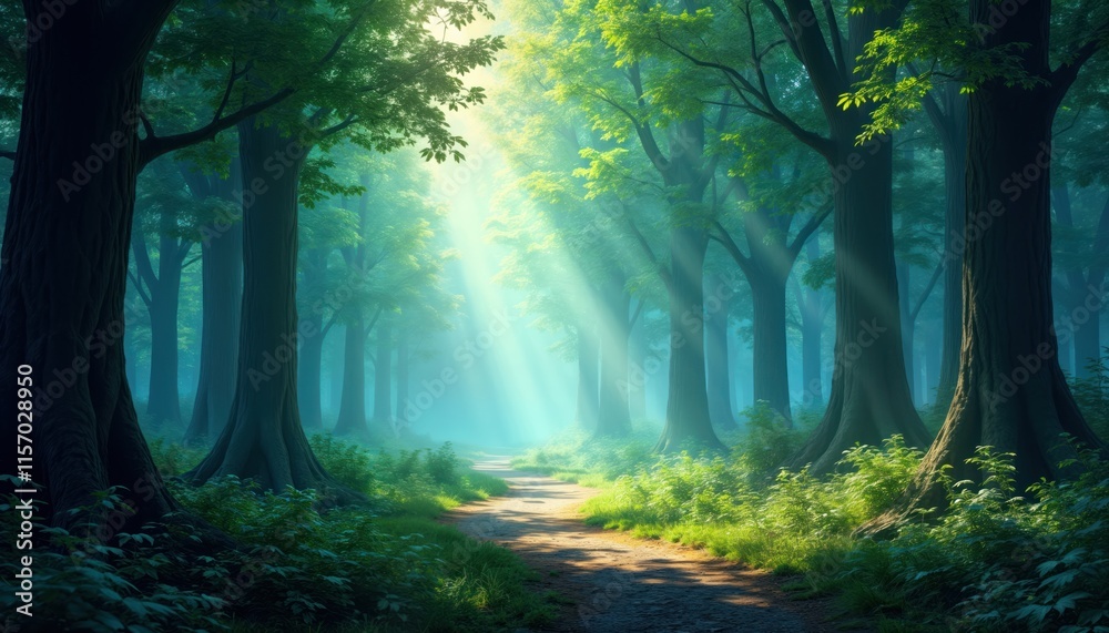 Naklejka premium Mystical forest path glows with sunlight. Tall trees line winding path. Foggy atmosphere creates magical mood. Nature scene beautiful, tranquil. Sunlight streams through trees, misty air. Vivid green