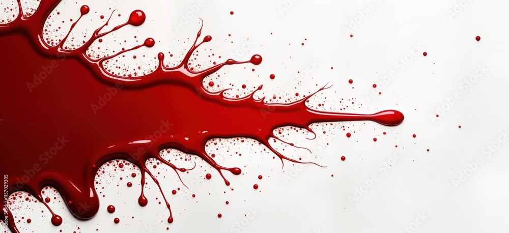 Red liquid drips, splashes on white background. Abstract design with paint splatter. Painterly effect. Red color dominant. Graphic image. Creative visual element. Bloody splatter effect. Dramatic Red liquid drips, splashes on white background. Abstract design with paint splatter. Painterly effect. Red color dominant. Graphic image. Creative visual element. Bloody splatter effect. Dramatic