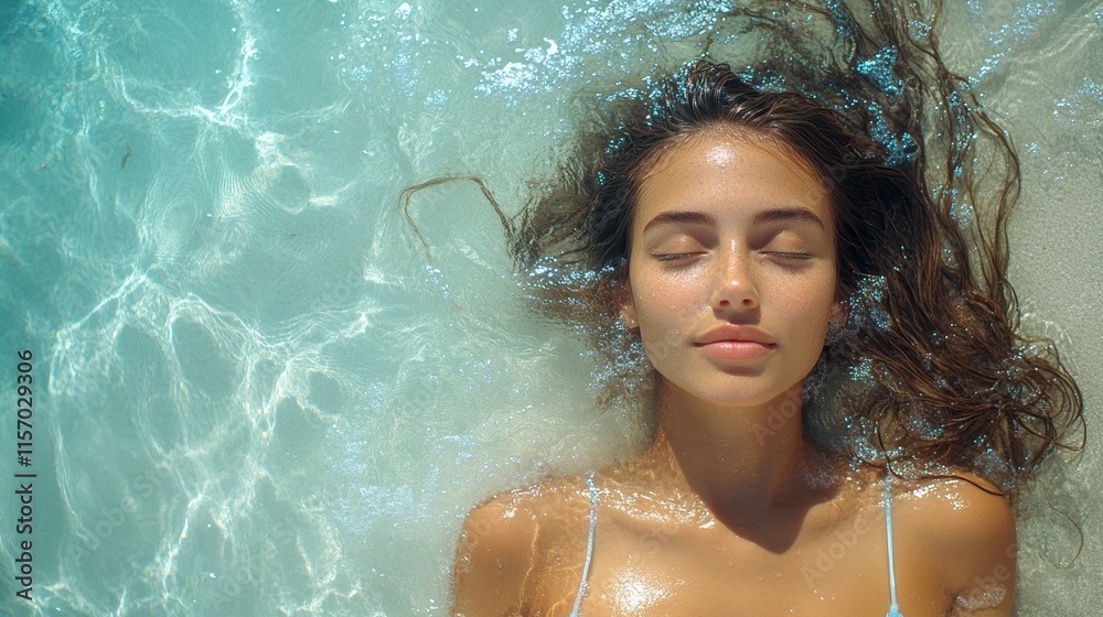 A serene woman lying on the sand at the water’s edge, her hair gently floating in the waves, dressed in a flowing dress, evoking calmness, natural beauty, and summer tranquility. A serene woman lying on the sand at the water’s edge, her hair gently floating in the waves, dressed in a flowing dress, evoking calmness, natural beauty, and summer tranquility.