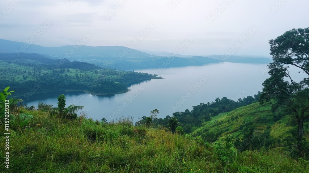 Scenic panoramic view of a tranquil lake and lush green landscape during a hike in nature's serene environment Scenic panoramic view of a tranquil lake and lush green landscape during a hike in nature's serene environment