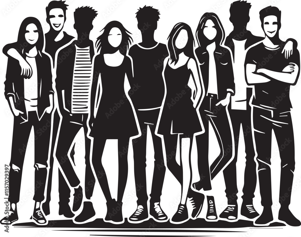 Group of friends vector, Group of friends vector illustration, Group of friends silhouette vector black and white