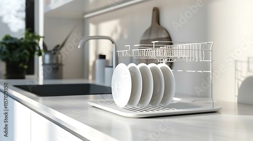 A modern dish rack on a clean white surface