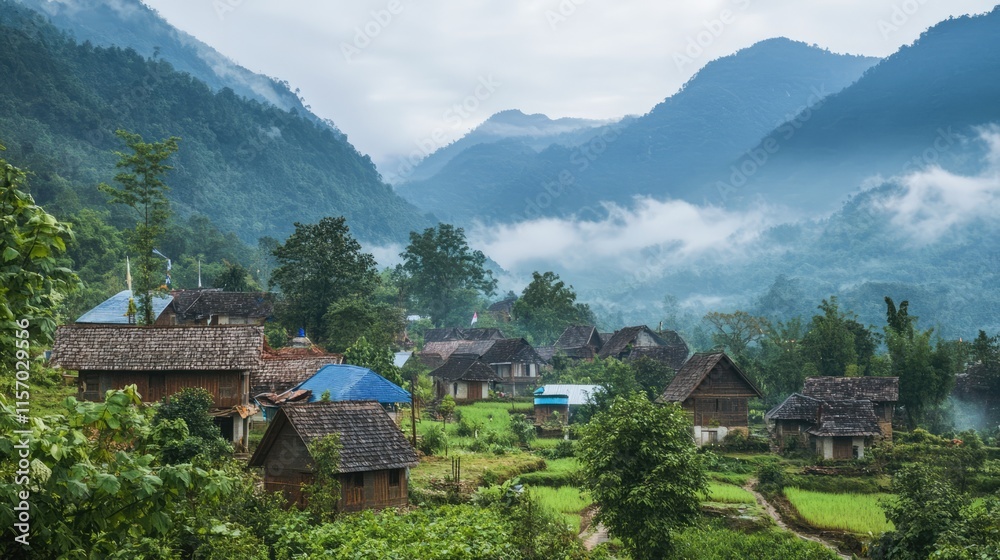 Mountain village surrounded by lush greenery and misty landscapes in a serene natural setting. Peaceful rural life in a mountainous region. Mountain village surrounded by lush greenery and misty landscapes in a serene natural setting. Peaceful rural life in a mountainous region.