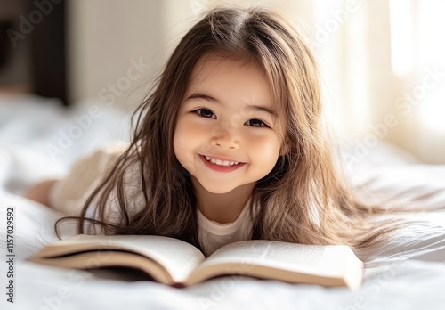 A little girl is lying on the bed reading, smiling happily and looking at an open book in front of her