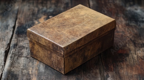 Antique brown gift box resting on rustic wooden surface for nostalgic and elegant packaging themes photo