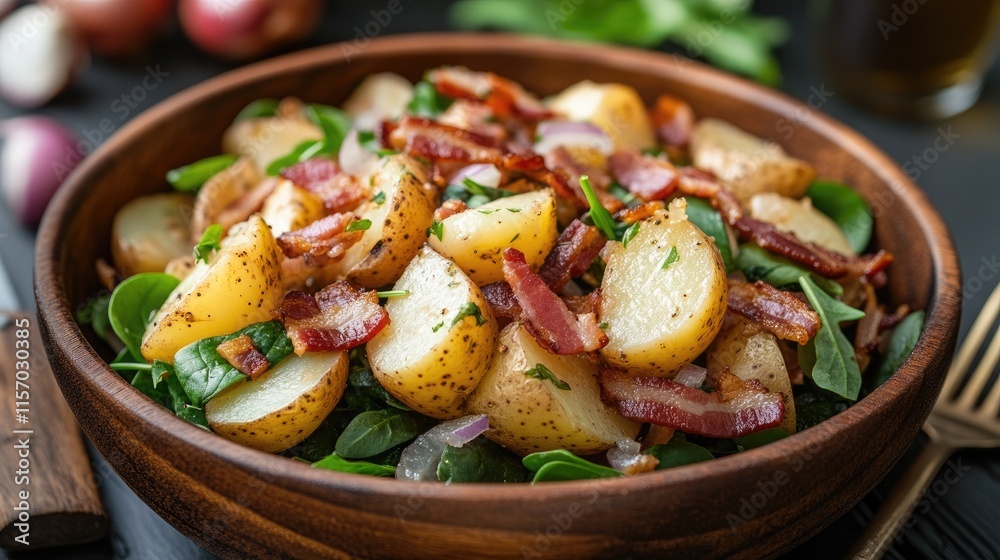 Warm village salad with potatoes spinach arugula onions and crispy bacon delicious spring dish in rustic wooden bowl Warm village salad with potatoes spinach arugula onions and crispy bacon delicious spring dish in rustic wooden bowl