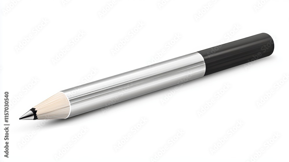 Silver Mechanical Pencil With Black Eraser Tip Isolated on White, Tool for School and Office Silver Mechanical Pencil With Black Eraser Tip Isolated on White, Tool for School and Office