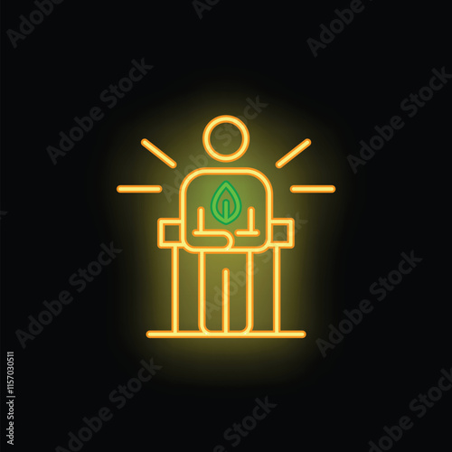 Neon glowing icon of a politician standing at a podium and giving a speech about green energy and ecology