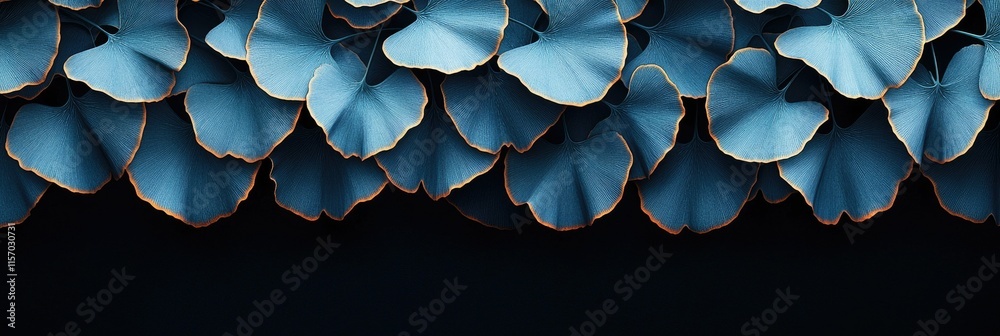 Fototapeta premium A close-up of layered blue leaves with golden edges against a dark background.