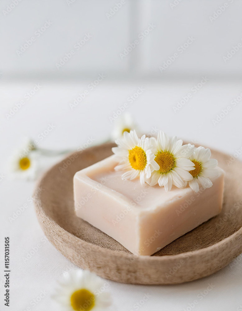 Handmade light beige soap bar and fresh chamomile flowers. Spa and selfcare organic product. Handmade light beige soap bar and fresh chamomile flowers. Spa and selfcare organic product.