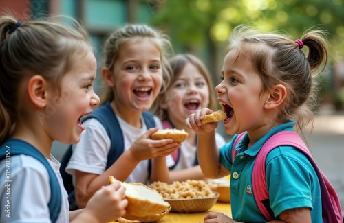 Happy school kids enjoy healthy lunch outdoors. Children smiling, eating bread, snacks together. Seem happy, cheerful. School setting schoolyard suggested by casual clothes, backpacks. Joyful scene photo