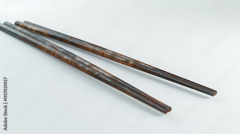 A pair of wooden chopsticks lying on a clean white background A pair of wooden chopsticks lying on a clean white background