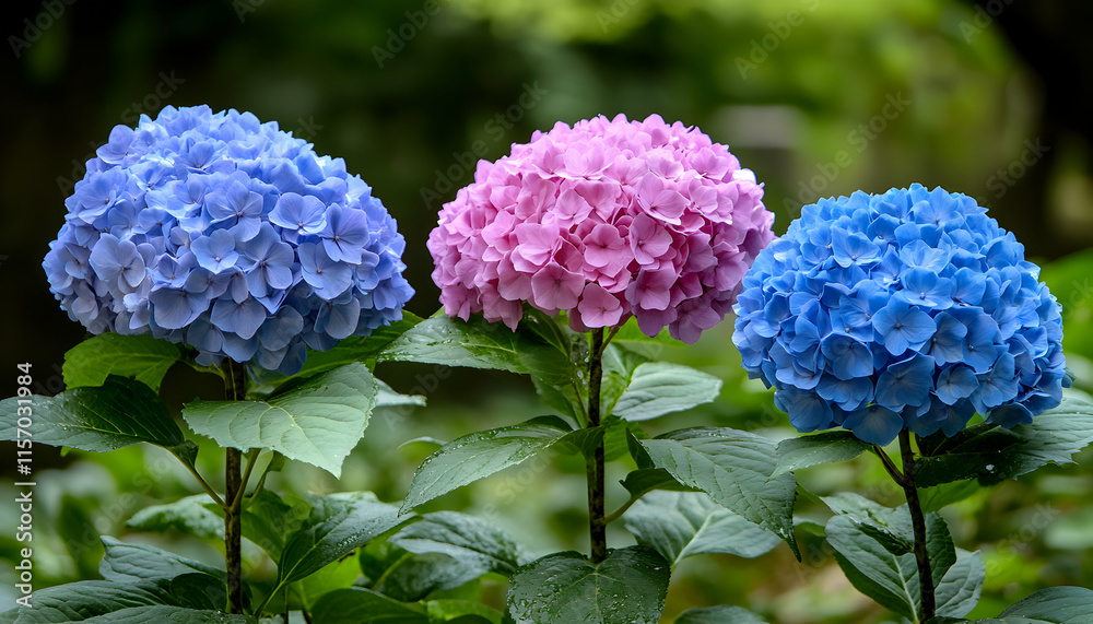 Vibrant trio of hydrangeas in blue, pink, and purple hues, showcasing their lush blooms and vibrant colors against a soft green background. Vibrant trio of hydrangeas in blue, pink, and purple hues, showcasing their lush blooms and vibrant colors against a soft green background.