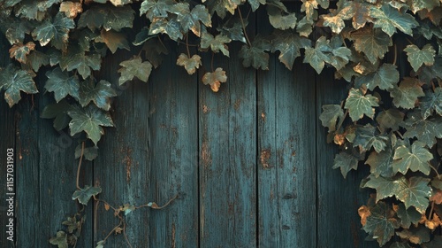 Lush green vines cascading over a rustic wooden doorway adorned with a weathered blue finish