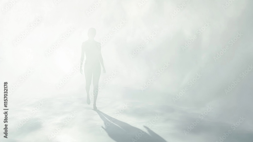 Ethereal figure walking through dense fog. Ethereal figure walking through dense fog.