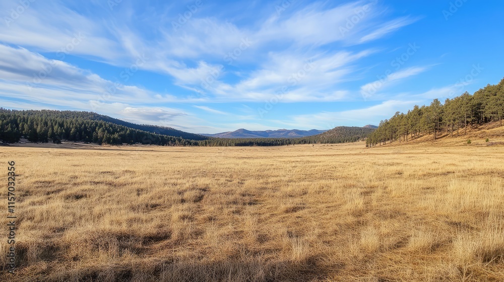 Winter landscape showcasing a dry field with distant forested mountains under a clear blue sky. Nature's serene beauty on display. Winter landscape showcasing a dry field with distant forested mountains under a clear blue sky. Nature's serene beauty on display.