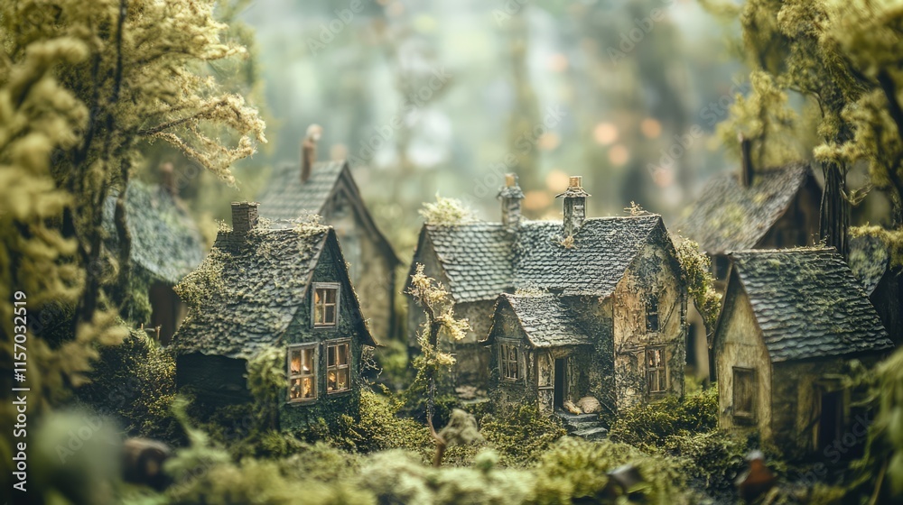 Charming miniature village nestled in a serene woodland landscape surrounded by lush greenery and soft, warm lighting. Charming miniature village nestled in a serene woodland landscape surrounded by lush greenery and soft, warm lighting.
