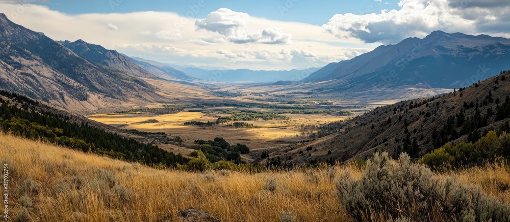 Expansive valley landscape under a dramatic sky showcasing rolling hills and vibrant fields in a natural wilderness setting Expansive valley landscape under a dramatic sky showcasing rolling hills and vibrant fields in a natural wilderness setting