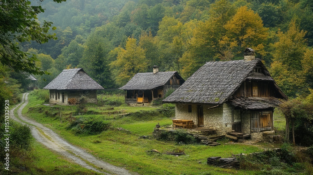 Serene village houses nestled in a lush forest landscape surrounded by autumn foliage and a winding dirt road Serene village houses nestled in a lush forest landscape surrounded by autumn foliage and a winding dirt road