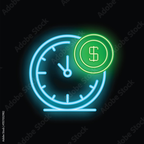 Neon clock with dollar sign is glowing, representing the concept of time being valuable like currency