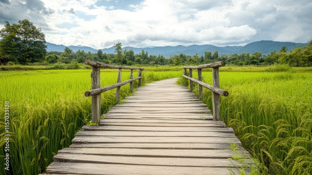 Fototapeta premium Serene Wooden Bridge Over Lush Green Rice Field Under Clouds