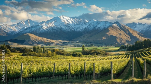 Scenic vineyard landscape with mountains in the background showcasing lush grapevines and natural beauty during daylight. photo