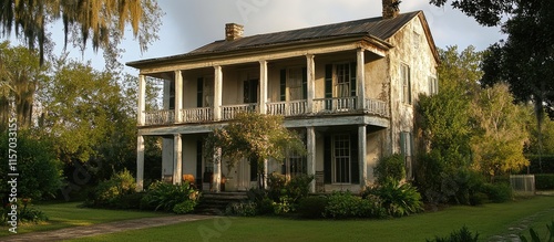 Scenic view of a historic southern plantation house surrounded by lush greenery under a clear sky in the countryside