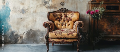 Elegant vintage armchair with detailed upholstery exuding charm ideal for retro home decor and interior styling in timeless settings